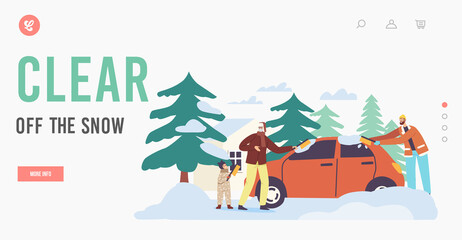 Family Characters Cleaning Snow at House Yard Landing Page Template. Dad and Grandfather with Child Brushing Auto