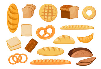 Set of Icons Different Types of Bread White Long Loaf, Rye and Wheat Bread, French Bun, Bagel, Pretzel with Croissant