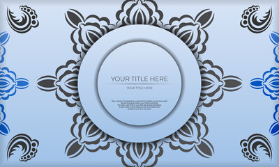 Blue banner template with luxury black ornaments and place for your design. Invitation card design with vintage patterns.