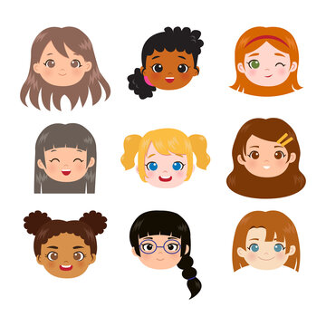 Set of nine different girls head and faces. Flat vector cartoon design