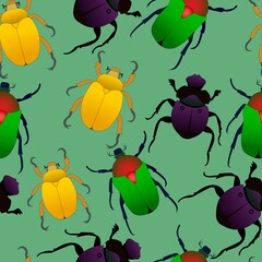 Seamless vector pattern with insects. Bright beetles of various sizes and types on a light green background. Bright illustration for printing on fabric, wallpaper, notebooks and more. 