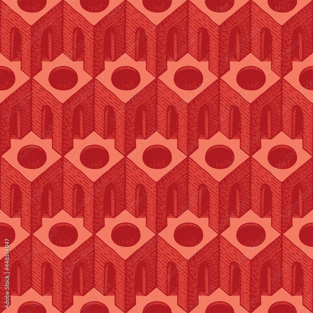 Poster seamless pattern with hand-drawn 3d cubic elements, arches, and round holes. repeating vector textur