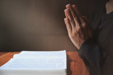  Praying hands with faith in religion and belief in God on dark background. Pay respect.  Namaste...