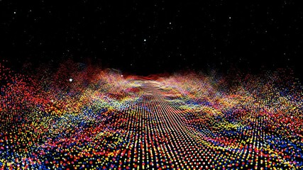 Futuristic abstract red cyan yellow waveform ball oscillation, visualization wave technology digital surface with particles stars - Powered by Adobe