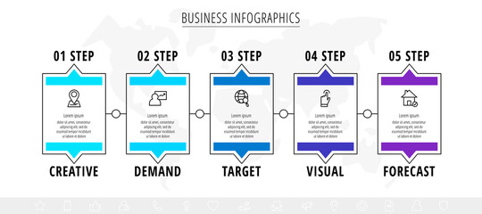 Business vector infographics with five rectangles and icons. Timeline visualization with 5 steps and squares for diagram, flowchart, banner, presentations, web, content, levels, chart, graphic