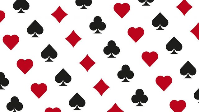 Minimal pattern with rotating playing card symbols (Diamonds, Clubs, Hearts, and Spades) on a white background. Creative gambling concept animation