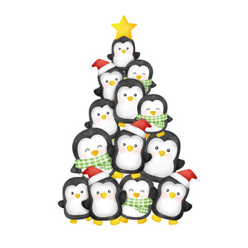 Watercolor Christmas  cute penguins .