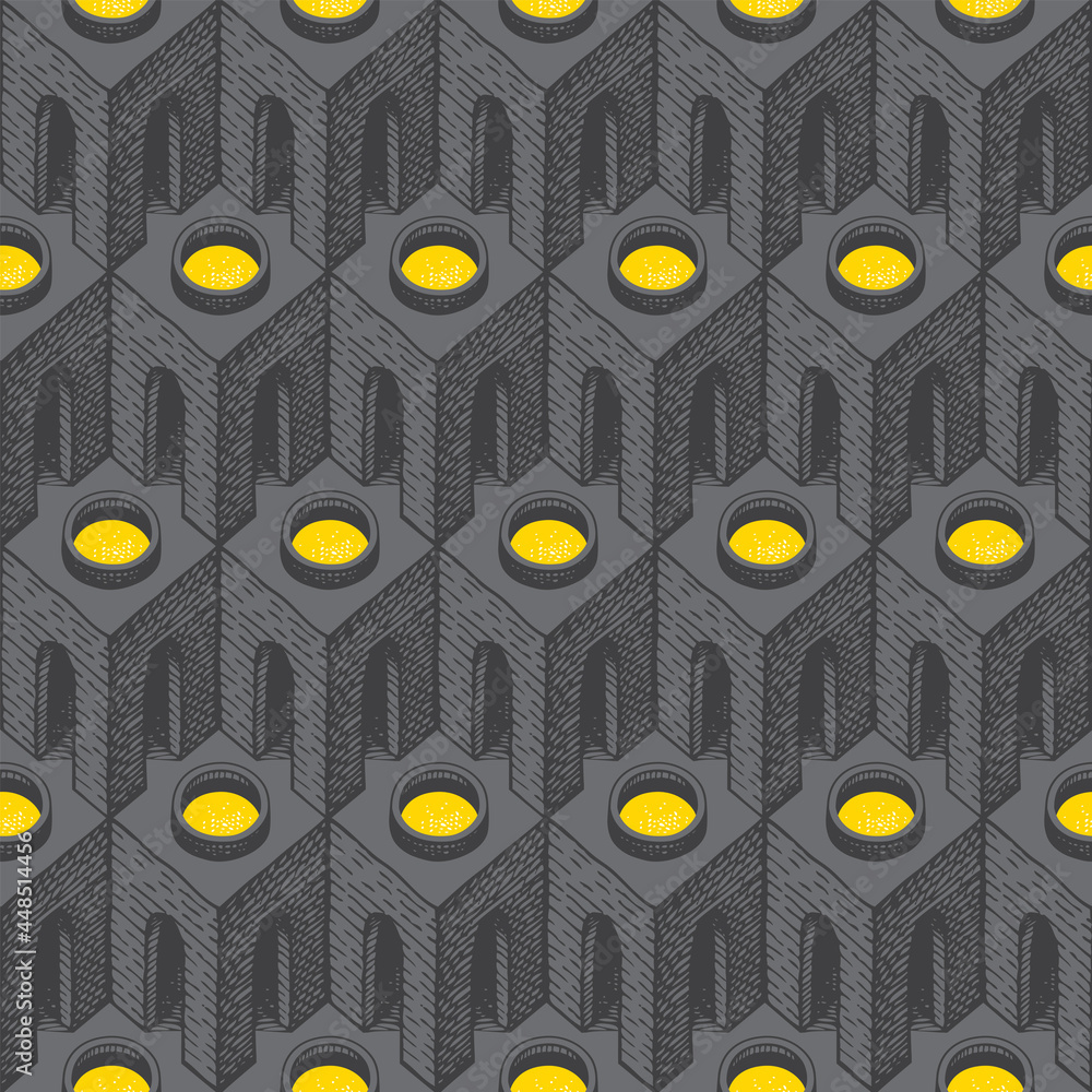 Poster abstract seamless pattern with hand-drawn 3d architectural elements in the op-art style. vector geom