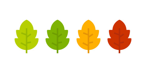 Otoño. Caída de la hoja. Icono plano grupo de hojas con lineas en color verde, naranja y rojo - obrazy, fototapety, plakaty