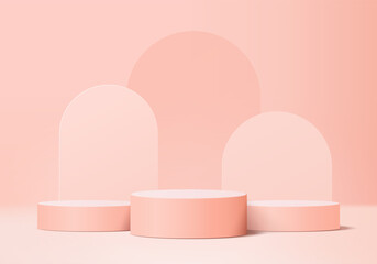 3d display product abstract minimal scene with geometric podium platform. cylinder background vector 3d rendering with podium. stand for cosmetic products. Stage showcase on pedestal 3d pink studio - obrazy, fototapety, plakaty