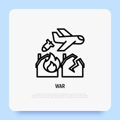 War thin line icon, airplane throws off a bomb on house in fire. Modern vector illustration.