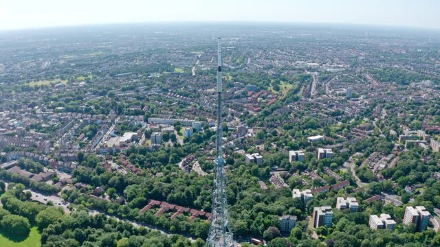 High Close Up Circling Drone Shot Of Crystal Palace Radio Tower