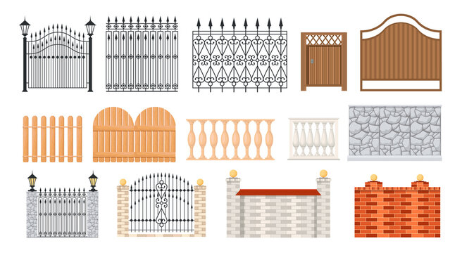 Set of Icons Wooden, Metal, Brick and Stone Fences, Handrail, Balustrade Sections and Grates. Balcony Panels, Fencing