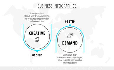 Line vector minimal infographic with circles. Modern timeline business concept with 2 steps by step for diagram, chart, flowchart, levels, graphic, app, web
