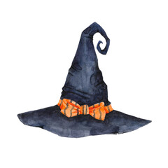Watercolor hand drawn witch hat clip art isolated on white background. Magic hat with orange bow illustration. Halloween design element.