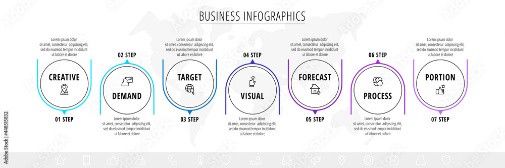 Poster line vector minimal infographic with 7 circles. modern timeline business concept with seven steps by