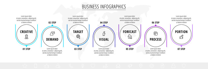 Line vector minimal infographic with 7 circles. Modern timeline business concept with seven steps by step for diagram, chart, flowchart, levels, graphic, app, web