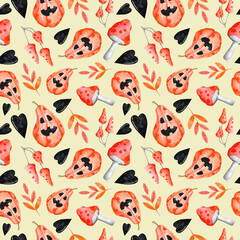 Halloween seamless pattern on ivory colored background. Watercolor Jack o'lantern, toadstools, hearts and leaves cute autumn repeat print.
