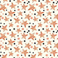 Watercolor orange and black stars and dots on ivory color background seamless pattern. Bright shapes repeat print for textile, fabric, wallpaper, wrapping, design and decoration.