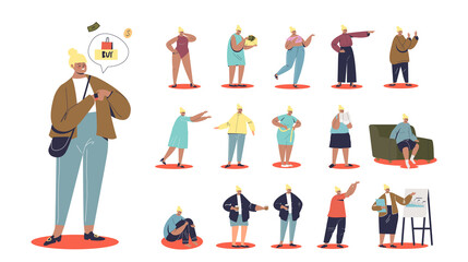 Set of young cartoon girl student using smart watch for payment in different lifestyle situations