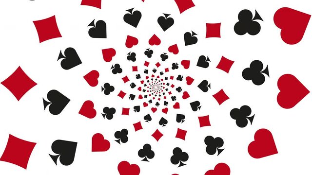 White animated background with playing card symbols. Diamonds, Clubs, Hearts, and Spades in simple motion graphic spiral