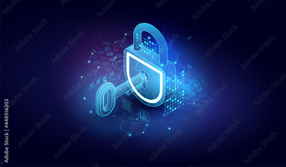 Poster web protect or security symbol. cyber security icon. abstract closed lock with key. isometric vector