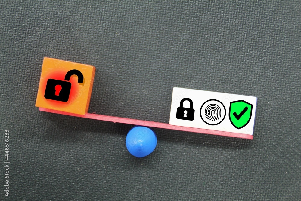 Poster scales between open key and locked key, fingerprint, security mark. security concept