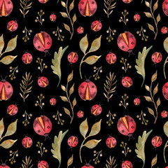 Red ladybirds and leaves seamless pattern on black background. Fabric texture with hand-drawn insects. Cute  wallpaper. Home decor and wrapping paper print. Watercolor elements