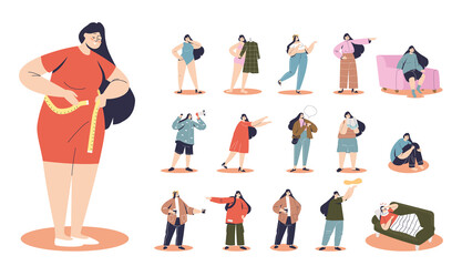 Set of plus size cartoon female measuring waist in different lifestyle situations and poses