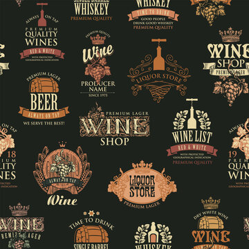 Seamless pattern on the theme of wine, beer, whiskey. Retro-style vector background, wallpaper, wrapping paper or fabric with labels, logos, emblems for various alcoholic beverages on a black backdrop