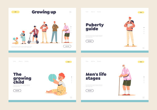 Set of landing pages with growing man life stages: newborn infant, teenager and older man