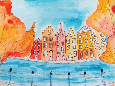 watercolor painting orange and red illustration of the automn city with trees, sky and river