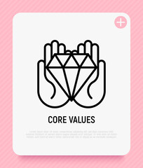 Core values, corporate strategy, responsibility thin line icon, diamond in hands. Vector illustration.