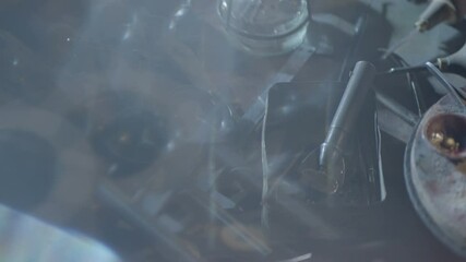 Vintage tools set of jewellery . Jewelry workplace on wooden table background. Goldsmiths instruments , jewelry objects. 