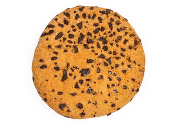 Top view of chocolate chip cookie on a white background