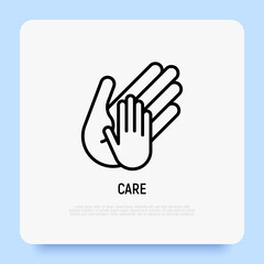 Hand of adult holds child's hand thin line icon. Modern vector illustration, care sign.