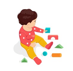 Child playing with wooden montessori toys. Vector illustration