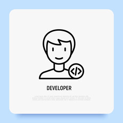 Developer, coder, programmer thin line icon, avatar of man with program code. Modern vector illustration.
