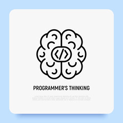 Programmer's thinking thin line icon, human brain with code symbols. Developer, professional solution for web development. Vector illustration.