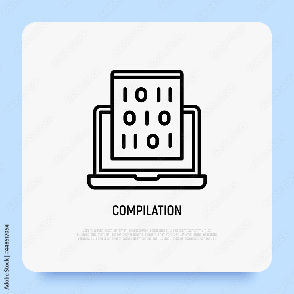 Poster program compilation thin line icon, open laptop with code. modern vector illustration.
