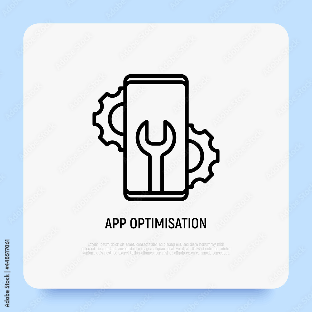 Poster app optimization thin line icon, smartphone with wrench and cogwheels. modern vector illustration of