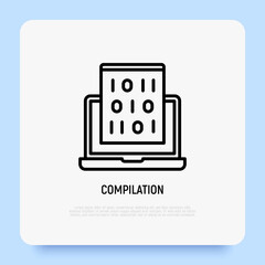 Program compilation thin line icon, open laptop with code. Modern vector illustration.