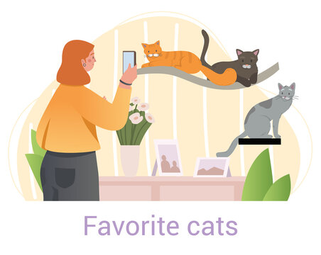 Favorite Cats concept with woman photographing her three pets domestic cats at home on her mobile phone, colored flat cartoon vector illustration with text on white