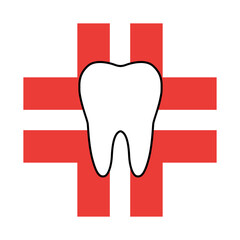 Tooth white silhouette over a medical red cross - Dentist and toothcare related vector logo illustration isolated on white background
