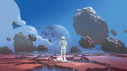 A spaceman standing alone on a deserted planet, digital art style, illustration painting