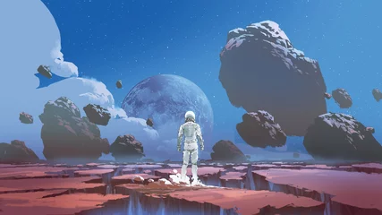 Poster Een ruimtevaarder die alleen staat op een verlaten planeet, digitale kunststijl, illustratie schilderij © grandfailure