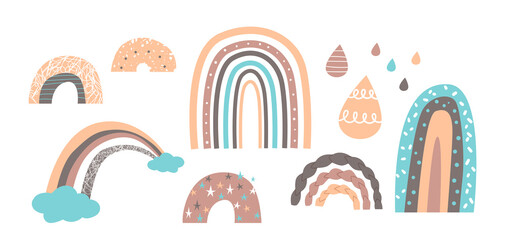 Set of Cute Rainbows in Scandinavian Style, Baby Prints, Patterns or Wallpaper. Pastel Colored Rain Drops, Rain Bows