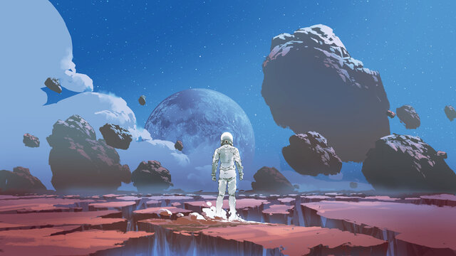 Fototapeta A spaceman standing alone on a deserted planet, digital art style, illustration painting