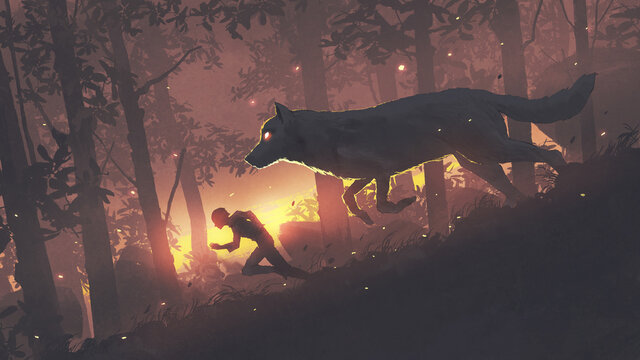 Fototapeta A man running in the forest with his legendary wolf, digital art style, illustration painting
