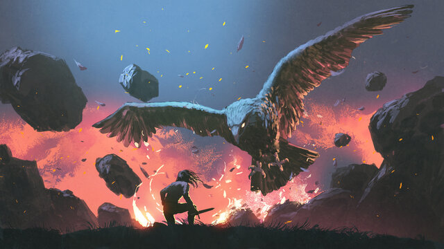 Fototapeta A man fighting with the legendary eagle, digital art style, illustration painting